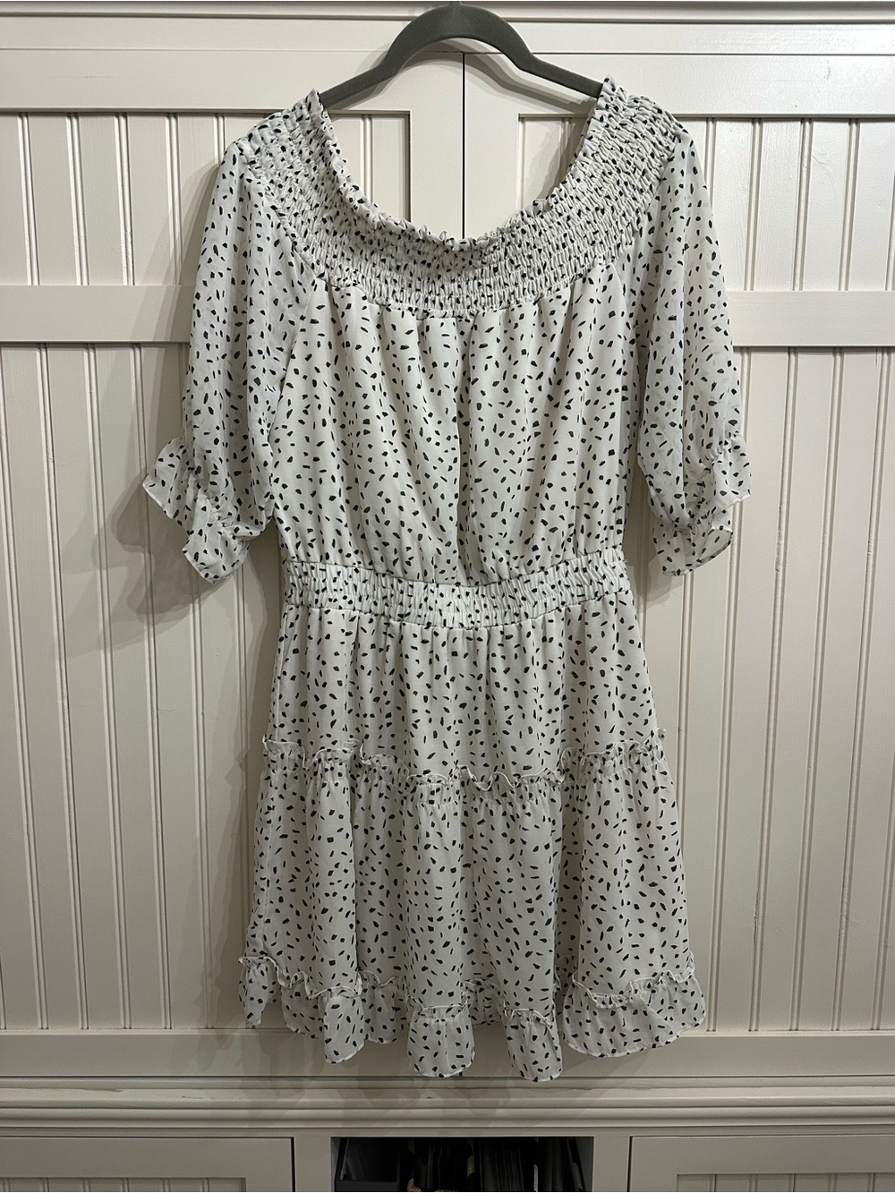 Trixxi White Mini Dress with Black Dot Print Off the Shoulder Size M